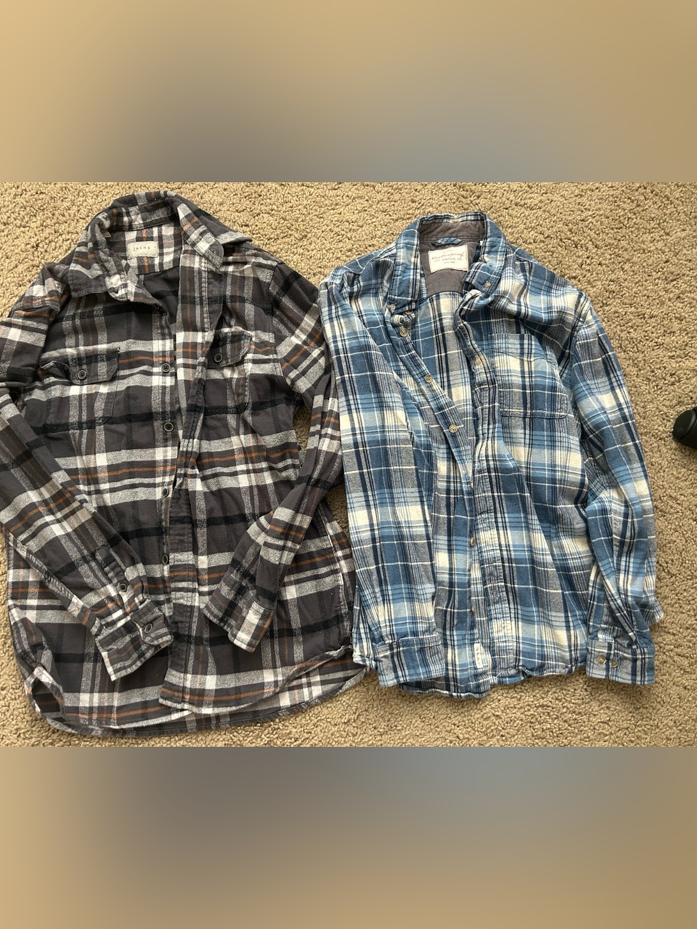 Two Plaid Flannel Shirts - Blue & Gray/Brown